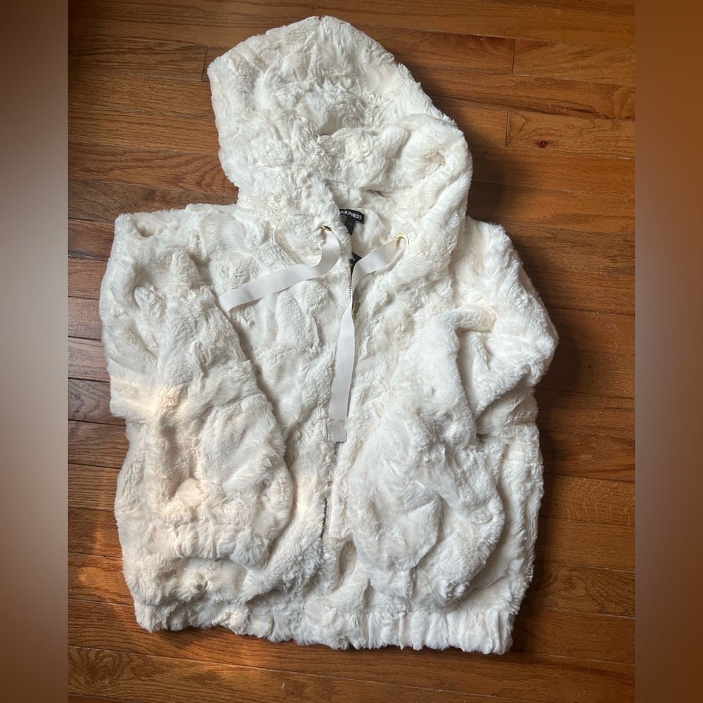 Express Cream Faux Fur Jacket with Ribbon Tie